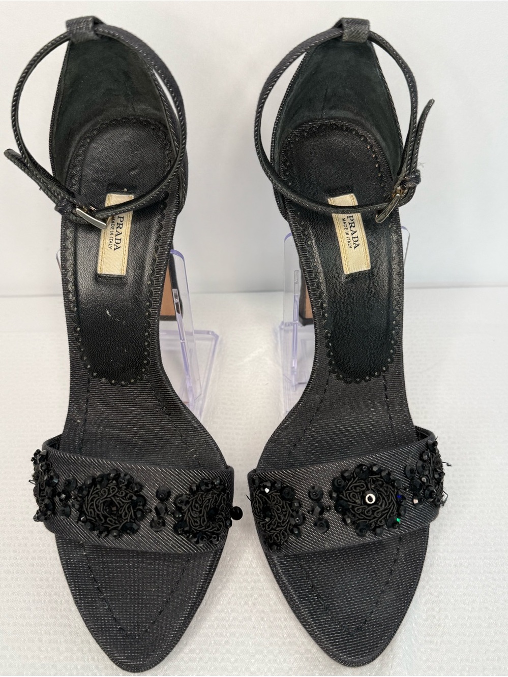 Prada Vintage Black Denim Embellished Heels